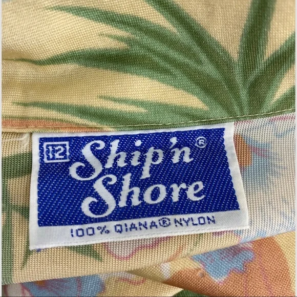 Vintage Pale Yellow Bird Palm Tree Hawaiian Coconut Girl Button Down - Picture 6 of 9